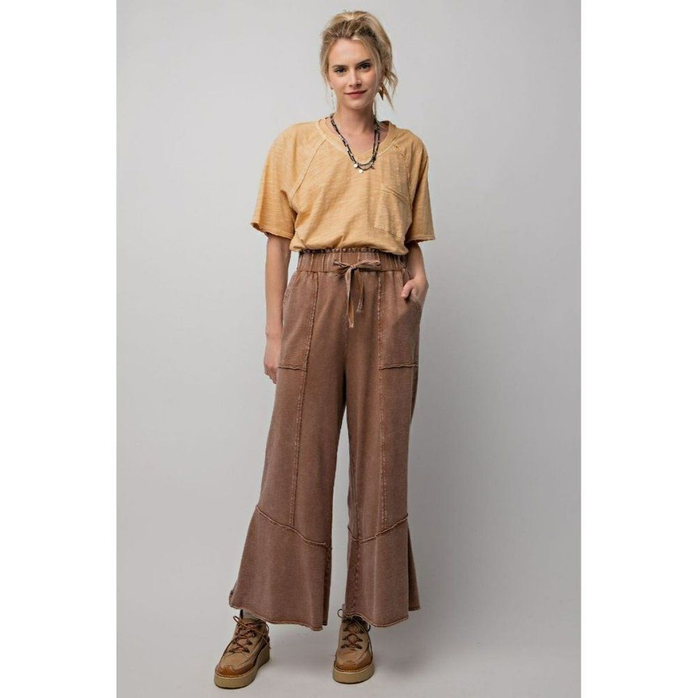 Easel Washed Terry Knit Wide Leg Boho Bohemian Pants in Choco Brown S-L EB40706 - Picture 3 of 5